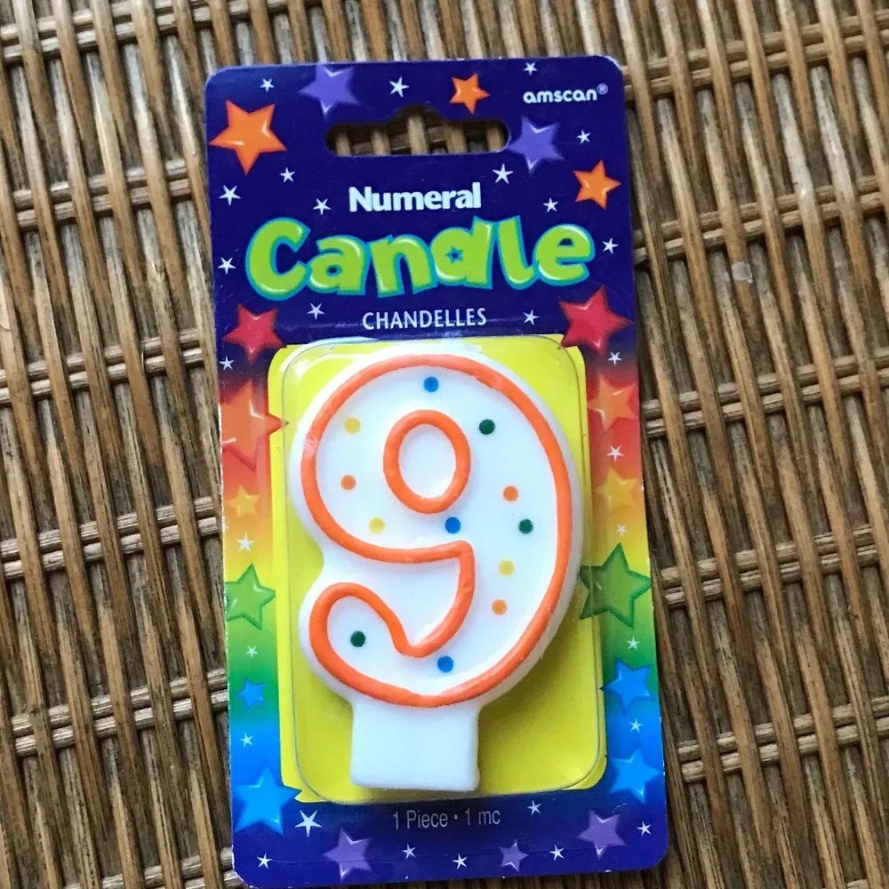 Amscan Number Nine 9 Candle for Cake Orange and White With Polka Dots